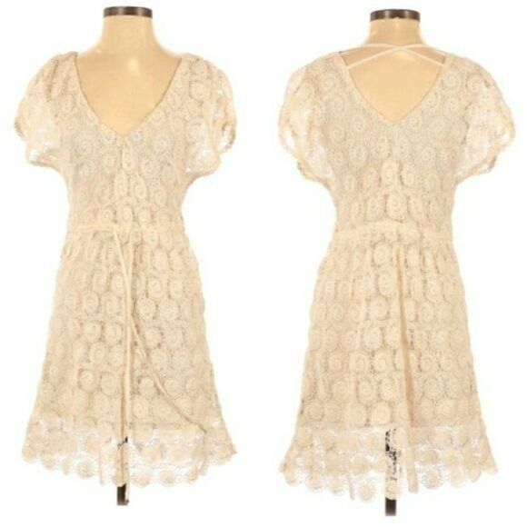 Willow & Clay Crochet Lace Flutter Sleeve Mini Peasant Dress Cream Sz XS - Picture 1 of 11